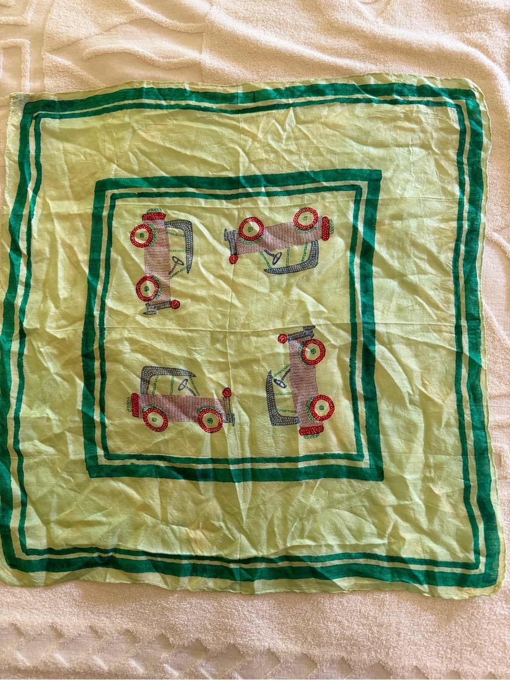 Vintage 1960s Karavan Silk Square Scarf Hand Printed in India Style Novelty Car
